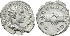 Roman Imperial Coins HERENNIUS ETRUSCUS (Caesar, 249-251). Antoninianus. Rome. Obv: Q HER ETR MES DECIVS NOB C. Radiate, draped and cuirassed bust right. Rev: CONCORDIA AVGG. Clasped hands. RIC 138 (D