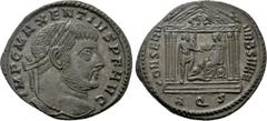 Roman Imperial Coins MAXENTIUS (307-312). Follis. Aquileia. Obv: IMP C MAXENTIVS P F AVG. Laureate head right. Rev: CONSERV VRB SVAE / AQS. Tetrastyle temple, with Lupa Romana and twins in pediment an