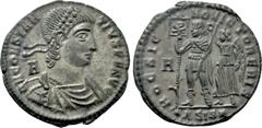 Roman Imperial Coins CONSTANTIUS II (337-361). Ae. Siscia. Obv: D N CONSTANTIVS P F AVG. Diademed, draped and cuirassed bust right; A to left. Rev: HOC SIGNO VICTOR ERIS / •ASIS✷. Constantius standing