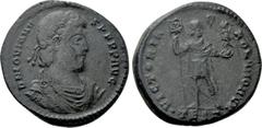 Roman Imperial Coins JOVIAN (363-364). Ae. Thessalonica. Obv: D N IOVIANVS P F P P AVG. Diademed, draped and cuirassed bust right. Rev: VICTORIA ROMANORVM / •TESΓ•. Jovian standing facing, head right,