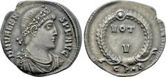 Roman Imperial Coins VALENS (364-378). Siliqua. Constantinople. Obv: D N VALENS P F AVG. Diademed, draped and cuirassed bust right. Rev: VOT / V. Legend in two lines within wreath; CP•Δ. RIC 13c. Rare