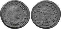 Roman Imperial Coins GORDIAN II (238). Limes Denarius. Contemporary imitation of Rome. Obv: IMP M ANT GORDIANVS AFR AVG. Laureate, draped and curiassed bust right. Rev: VICTORIA AVGG. Victory advancin