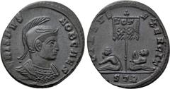 Roman Imperial Coins CRISPUS (Caesar, 316-326). Follis. Treveri. Obv: CRISPVS NOB CAES. Helmeted and cuirassed bust right. Rev: VIRTVS EXERCIT. Vexillum inscribed VOT / XX in two lines; bound captive 