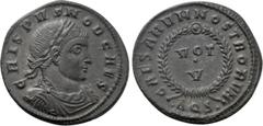 Roman Imperial Coins CRISPUS (Caesar, 316-326). Follis. Aquileia. Obv: CRISPVS NOB CAES. Laureate, draped and cuirassed bust right. Rev: CAESARVM NOSTRORVM. VOT / V in two lines within wreath; •AQS•. 