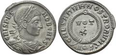 Roman Imperial Coins CRISPUS (Caesar, 316-326). Follis. Aquileia. Obv: CRISPVS NOB CAES. Laureate, draped and cuirassed bust right. Rev: CAESARVM NOSTRORVM. VOT / X in two lines within wreath; •AQS•. 
