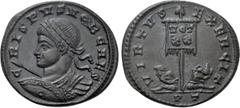 Roman Imperial Coins CRISPUS (Caesar, 316-326). Follis. Ticinum. Obv: CRISPVS NOB CAES. Laureate, draped and cuirassed bust left, holding shield and spear. Rev: VIRTVS EXERCIT. Vexillum inscribed VOT 