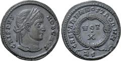 Roman Imperial Coins CRISPUS (Caesar, 316-326). Follis. Rome. Obv: CRISPVS NOB CAES. Laureate head right. Rev: CAESARVM NOSTRORVM. VOT / X in two lines within decorated wreath; RS. RIC 240. Condition: