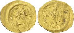 Byzantine Coins JUSTINIAN I (527-565). GOLD Tremissis. Constantinople. Obv: D N IVSTINIANVS P P AVG. Diademed, draped and cuirassed bust right. Rev: VICTORIA AVGVSTORVM / CONOB. Victory advancing righ