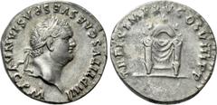 Roman Imperial Coins TITUS (79-81). Denarius. Rome. Obv: IMP TITVS CAES VESPASIAN AVG P M. Laureate head right. Rev: TR P IX IMP XV COS VIII P P. Draped semicircular pulvinar, decorated with three cre