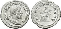 Roman Imperial Coins PUPIENUS (238). Denarius. Rome. Obv: IMP C M CLOD PVPIENVS AVG. Laureate, draped and cuirassed bust right. Rev: CONCORDIA AVGG. Concordia seated left on throne, holding patera and