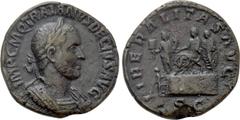 Roman Imperial Coins TRAJANUS DECIUS (249-251). Sestertius. Rome. Obv: IMP C M Q TRAIANVS DECIVS AVG. Laureate and cuirassed bust right. Rev: LIBERALITAS AVG / S C. Decius, extending hand, seated left