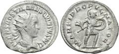 Roman Imperial Coins HOSTILIAN (Caesar, 250-251). Antoninianus. Rome. Obv: C VALENS HOSTIL MES QVINTVS N C. Radiate, draped and cuirassed bust right. Rev: MARTI PROPVGNATORI. Mars advancing right, hol