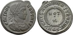 Roman Imperial Coins CRISPUS (Caesar, 316-326). Follis. Aquileia. Obv: CRISPVS NOB CAES. Laureate, draped and cuirassed bust right. Rev: CAESARVM NOSTRORVM. VOT / X in two lines within wreath; •AQS•. 