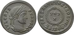Roman Imperial Coins CRISPUS (Caesar, 316-326). Follis. Siscia. Obv: IVL CRISPVS NOB C. Laureate head right. Rev: CAESARVM NOSTRORVM. VOT / X in two lines within wreath; ΔSIS (sun). RIC 181. Condition