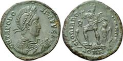 Roman Imperial Coins THEODOSIUS I (379-395). Ae. Constantinople. Obv: D N THEODOSIVS P F AVG. Helmeted, diademed, draped and cuirassed bust right, holding shield and spear. Rev: GLORIA ROMANORVM / CON