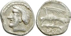 Greek Coins PAPHLAGONIA. Sinope. Drachm (Late 4th century BC). Contemporary imitation. Obv: Female head left. Rev: Eagle grasping dolphin right; blundered Aramaic legend below. Cf. SNG BM Black Sea 14