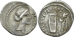 Roman Republican Coins Q. SERVILIUS CAEPIO (M. JUNIUS) BRUTUS. Denarius (42 BC). Military mint traveling with Brutus in Lycia. Obv: LEIBERTAS. Head of Libertas right. Rev: CAEPIO BRVTVS PRO COS. Lyre 