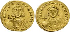 Byzantine Coins LEO III THE "ISAURIAN" with CONSTANTINE V (717-741). GOLD Solidus. Constantinople. Obv: δ N D LЄON P A MЧL. Crowned and draped facing bust of Leo, holding globus cruciger and akakia. R