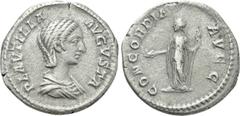 Roman Imperial Coins PLAUTILLA (Augusta, 202-205). Denarius. Rome. Obv: PLAVTILLA AVGVSTA. Draped bust right. Rev: CONCORDIA AVGG. Concordia standing left, holding patera and sceptre. RIC 363b (Caraca