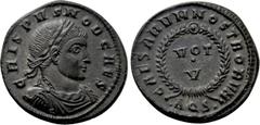 Roman Imperial Coins CRISPUS (Caesar, 316-326). Follis. Aquileia. Obv: CRISPVS NOB CAES. Laureate, draped and cuirassed bust right. Rev: CAESARVM NOSTRORVM. VOT / V in two lines within wreath; •AQS•. 