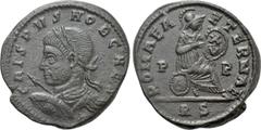 Roman Imperial Coins CRISPUS (Caesar, 316-326). Follis. Rome. Obv: CRISPVS NOB CAES. Laureate, draped and cuirassed bust left, holding shield and spear. Rev: ROMAE AETERNAE. Roma seated right on shiel