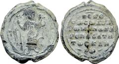 Byzantine Coins BYZANTINE LEAD SEALS. Romanos Skleros (kouropalates, mid 11th century). Obv: M / I - X / A. Archangel Michael standing facing, holding sceptre and globus cruciger. Rev: + KЄ BΘ / Tω Cω