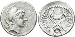Celtic Coins EASTERN EUROPE. Imitations of Roman Republican. Eravisci (After 48 BC). Denarius. Imitating Albinus Bruti F.. Obv: Helmeted head of Mars right. Rev: BRVTI F LBIS (sic). Two Gaulish trumpe