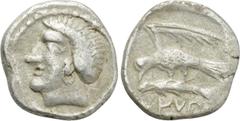Greek Coins PAPHLAGONIA. Sinope. Drachm (Late 4th century BC). Contemporary imitation. Obv: Female head left. Rev: Eagle grasping dolphin right; blundered Aramaic legend below. Cf. SNG BM Black Sea 14