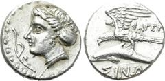 Greek Coins PAPHLAGONIA. Sinope. Drachm (Circa 330-300 BC). Phageta-, magistrate. Obv: Head of nymph left, with hair in sakkos; aphlaston to left. Rev: ΦΑΓΕΤΑ / ΣINΩ. Sea-eagle standing left, with win