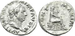 Roman Imperial Coins VITELLIUS (69). Denarius. Rome. Obv: A VITELLIVS GERM IMP AVG TR P. Laureate head right. Rev: PONT MAXIM. Vesta seated right on throne, holding patera and sceptre. RIC² 107. Condi