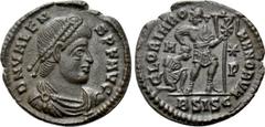 Roman Imperial Coins VALENS (364-378). Ae. Siscia. Obv: D N VALENS P F AVG. Diademed, draped and cuirassed bust right. Rev: GLORIA ROMANORVM. Valens, with head left and holding labarum and dragging ca