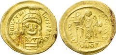 Byzantine Coins JUSTINIAN I (527-565). GOLD Solidus. Constantinople. Obv: D N IVSTINIANVS P P AVG. Helmeted and cuirassed bust facing, holding globus cruciger and shield decorated with horseman motif.