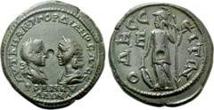Roman Provincial Coins MOESIA INFERIOR. Odessus. Gordian III with Tranquillina (238-244). Ae Pentassarion. Obv: AVT K M ANT ΓOPΔIANOC AVΓ CЄ / TPANKVΛΛINA. Draped busts of Gordian, laureate and cuiras