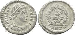 Roman Imperial Coins VALENS (364-378). Siliqua. Antioch. Obv: D N VALENS P F AVG. Diademed, draped and cuirassed bust right. Rev: VOT / X / MVLT / XX in four lines within wreath; •ANT✷. RIC 34b.4. Con