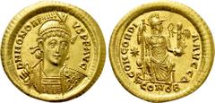 Roman Imperial Coins HONORIUS (393-423). GOLD Solidus. Constantinople. Obv: D N HONORIVS P F AVG. Helmeted and cuirassed bust facing slightly right, holding spear and shield decorated with horseman mo