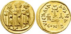 Byzantine Coins HERACLIUS with HERACLIUS CONSTANTINE and HERACLONAS (610-641). GOLD Solidus. Constantinople. Obv: Heraclius, Heraclius Constantine and Heraclonas standing facing, each holding globus c
