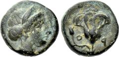 Greek Coins CARIA. Rhodes. Ae (Circa 404-385 BC). Obv: Head of the nymph Rhodos right. Rev: O - (retrograde P). Rose with bud to left. HGC 6, 1476. Condition: Very fine. Weight: 1.62 g. Diameter: 11 m