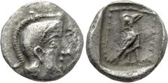 Greek Coins DYNASTS OF LYCIA. Uncertain dynast (Circa 4th century BC). Hemiobol. Obv: Helmeted head of Athena right. Rev: Bird (eagle?) standing right within pelleted square border; all within incuse 