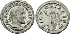 Roman Imperial Coins MAXIMINUS THRAX (235-238). Denarius. Rome. Obv: MAXIMINVS PIVS AVG GERM. Laureate, draped and cuirassed bust right. Rev: VICTORIA GERM. Victory standing left with wreath and palm 