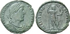 Roman Imperial Coins VALENTINIAN I (364-375). Ae. Nicomedia. Obv: D N VALENTINIANVS P F AVG. Pearl-diademed, draped and cuirassed bust right. Rev: RESTITVTOR REIPVBLICAE / SMNA. Valentinian standing f