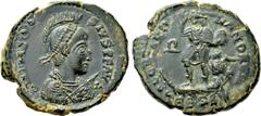 Roman Imperial Coins THEODOSIUS I (379-395). Ae. Thessalonica. Obv: D N THEODOSIVS P F AVG. Diademed, helmeted, draped and cuirassed bust right, holding spear and shield. Rev: GLORIA ROMANORVM / •TESΔ