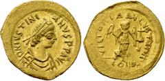 Byzantine Coins JUSTINIAN I (527-565). GOLD Tremissis. Constantinople. Obv: D N IVSTINIANVS P P AVG. Diademed, draped and cuirassed bust right. Rev: VICTORIA AVGVSTORVM / CONOB. Victory advancing righ