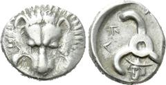 Greek Coins DYNASTS OF LYCIA. Perikles (Circa 380-360 BC). Tetrobol. Obv: Facing lion’s scalp. Rev: Triskeles; facing head of Hermes in lower field. BMC 156. Condition: Very fine. Weight: 3.02 g. Diam