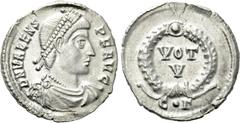 Roman Imperial Coins VALENS (364-378). Siliqua. Constantinople. Obv: D N VALENS P F AVG. Diademed, draped and cuirassed bust right. Rev: VOT / V. Legend in two lines within wreath; C•Γ. RIC 13d. Rare 
