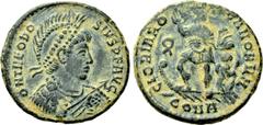 Roman Imperial Coins THEODOSIUS I (379-395). Ae. Constantinople. Obv: D N THEODOSIVS P F AVG. Helmeted, diademed, draped and cuirassed bust right, holding shield and spear. Rev: GLORIA ROMANORVM / CON