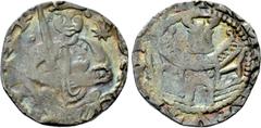 Medieval Coins GERMANY. Aachen. Friedrich I Barbarossa(Circa 1122-1190). Pfennig. Obv: FRЄDЄRI IMP. Friedrich seated facing on throne, holding sword and globus; star to right. Rev: + ROMA CAPVT MVNDI.
