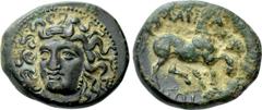 Greek Coins THESSALY. Larissa. Tetrachalkon (Mid 4th century BC). Obv: Head of the nymph Larissa facing slightly left. Rev: ΛΑΡΙΣAΙΩΝ. Bridled horse prancing right; wheat ear below. BCD Thessaly II 33