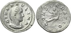 Roman Imperial Coins DIVA PAULINA (Died before 235). Denarius. Rome. Struck under Maximinus Thrax. Obv: DIVA PAVLINA. Veiled and draped bust right. Rev: CONSECRATIO. Diva Paulina, raising hand and hol