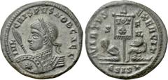 Roman Imperial Coins CRISPUS (Caesar, 316-326). Follis. Siscia. Obv: IVL CRISPVS NOB CAES. Laureate and cuirassed bust left, holding shield and spear. Rev: VIRTVS EXERCIT / E SIS ✷. Vexillum inscribed