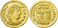 Roman Imperial Coins VALENS (364-378). GOLD Solidus. Treveri. Obv: D N VALENS P F AVG. Diademed, draped and cuirassed bust right. Rev: VICTORIA AVGG / TROBS. Valentinian I and Valens enthroned facing,